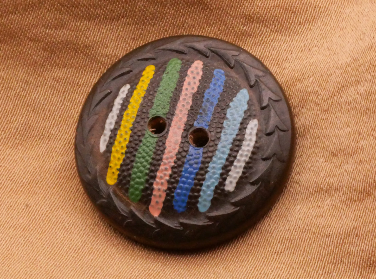 Pressed Wood Wreath Hand-Painted Stripes Czech Vintage Button 23mm