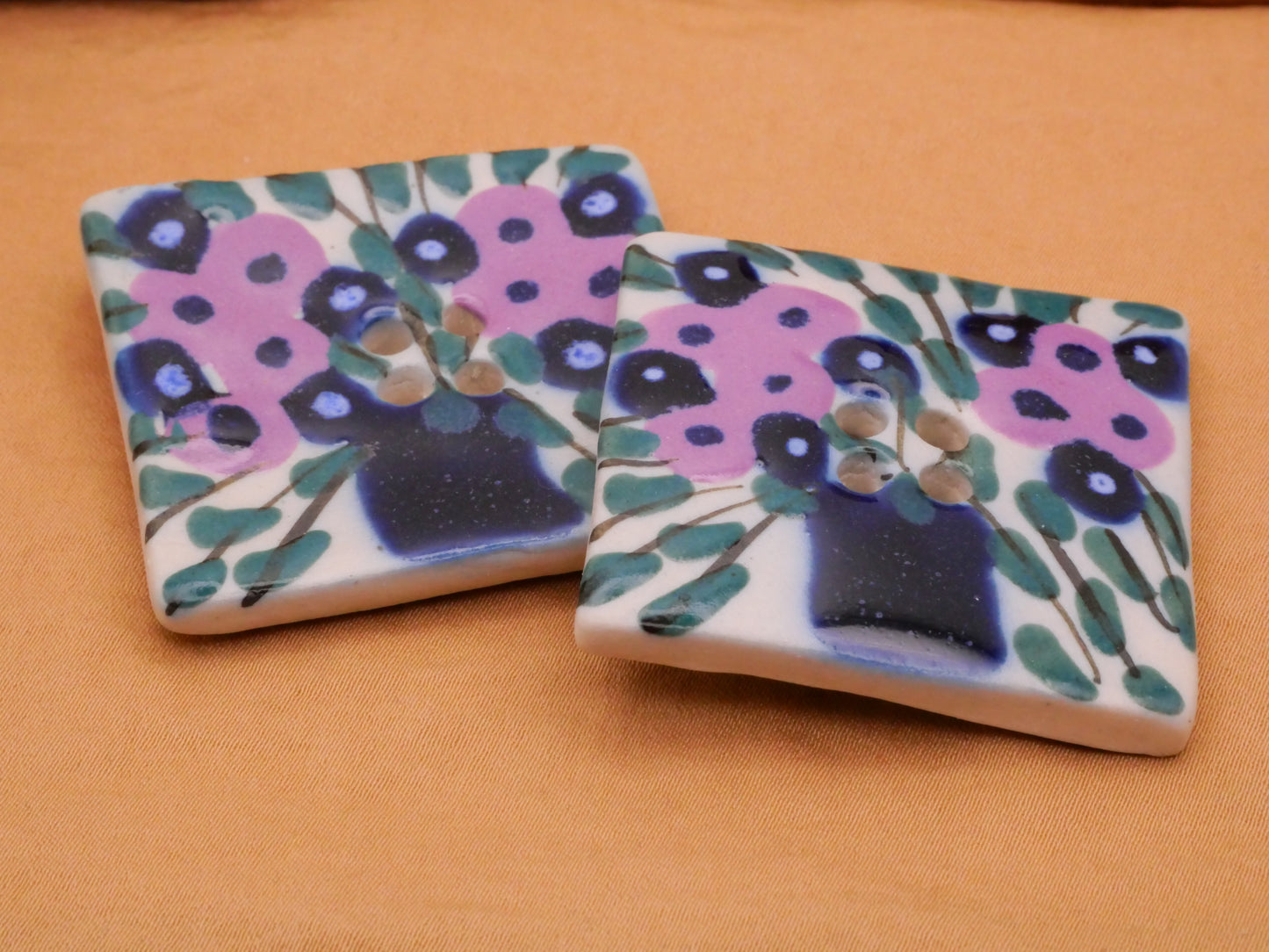 Flower Bouquet Hand-Painted Square Ceramic Large Button 39mm