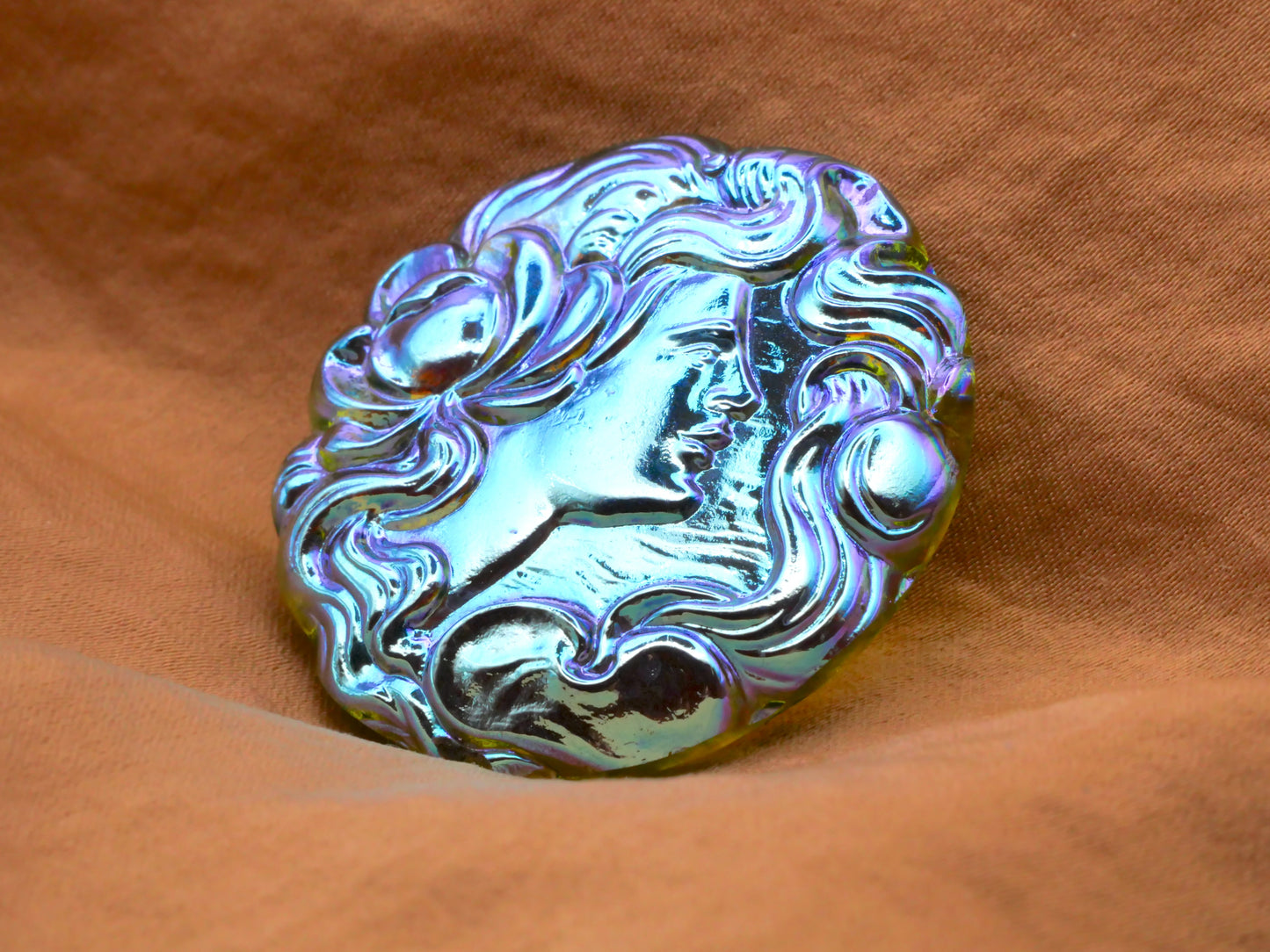 Art Nouveau Lady Portrait Czech Glass Iridescent Blue Green Large Button 39mm