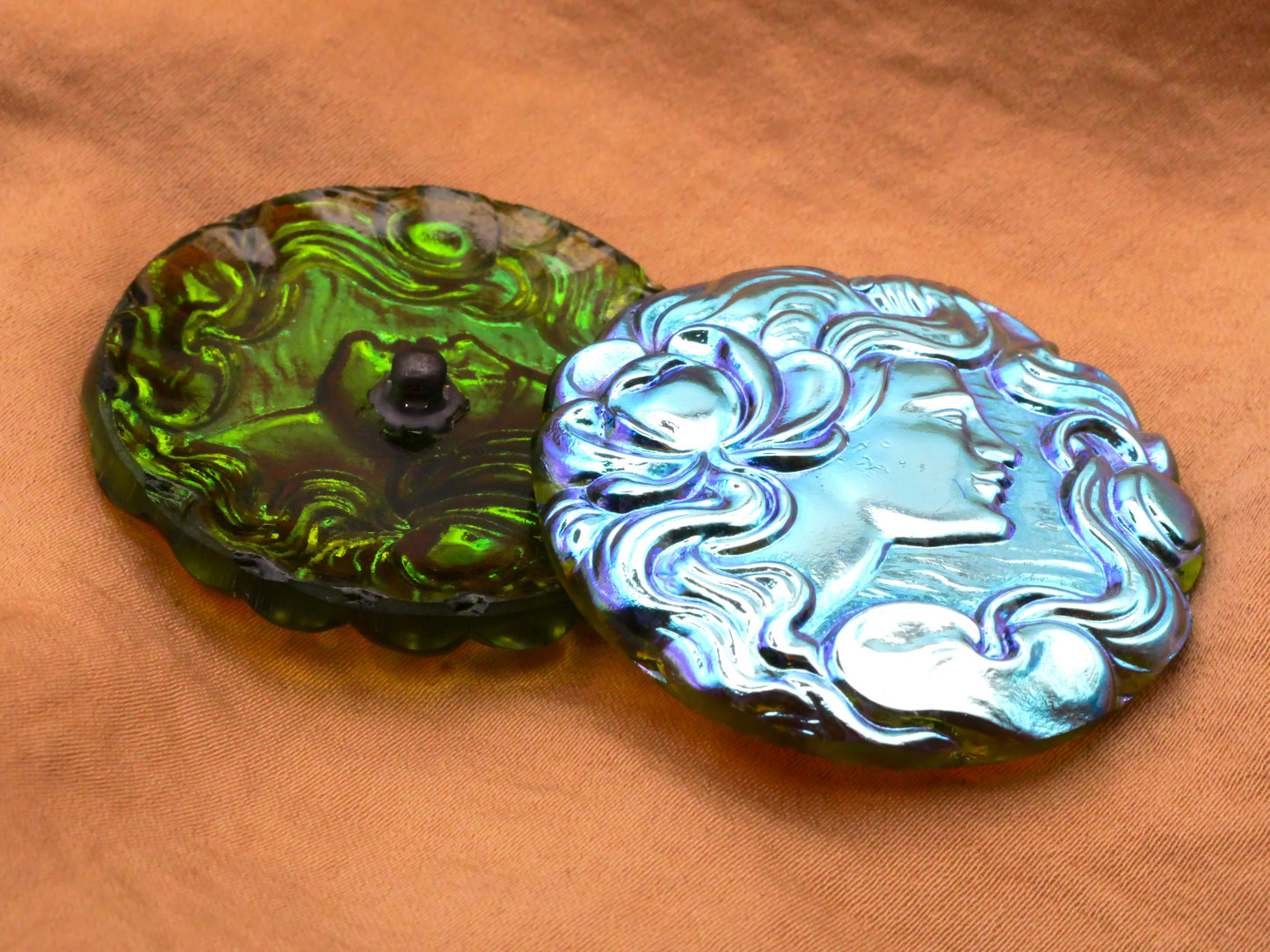 Art Nouveau Lady Portrait Czech Glass Iridescent Blue Green Large Button 39mm