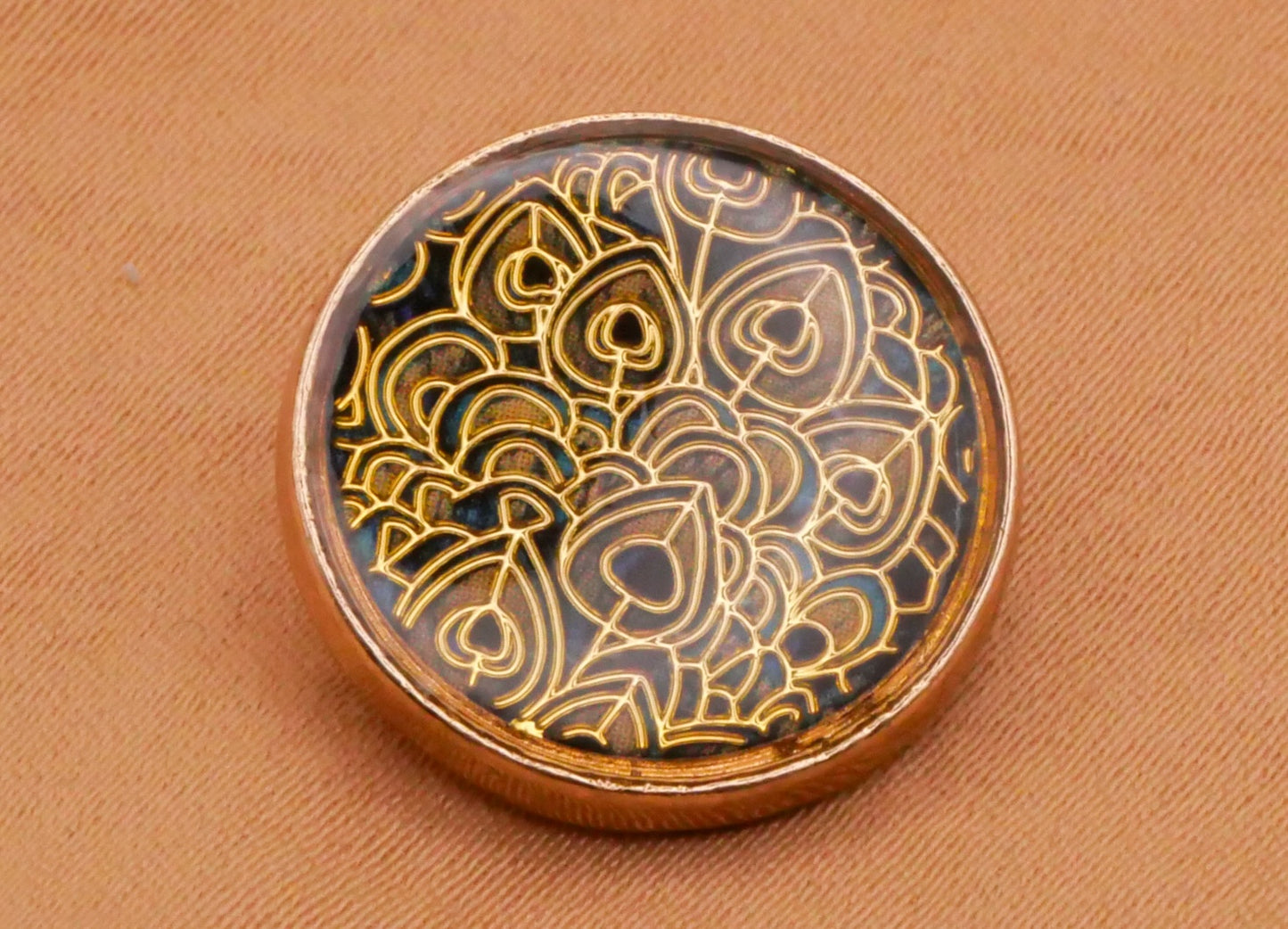 Peacock Feathers Blue Green Design Resin Gold Metal Button 18mm