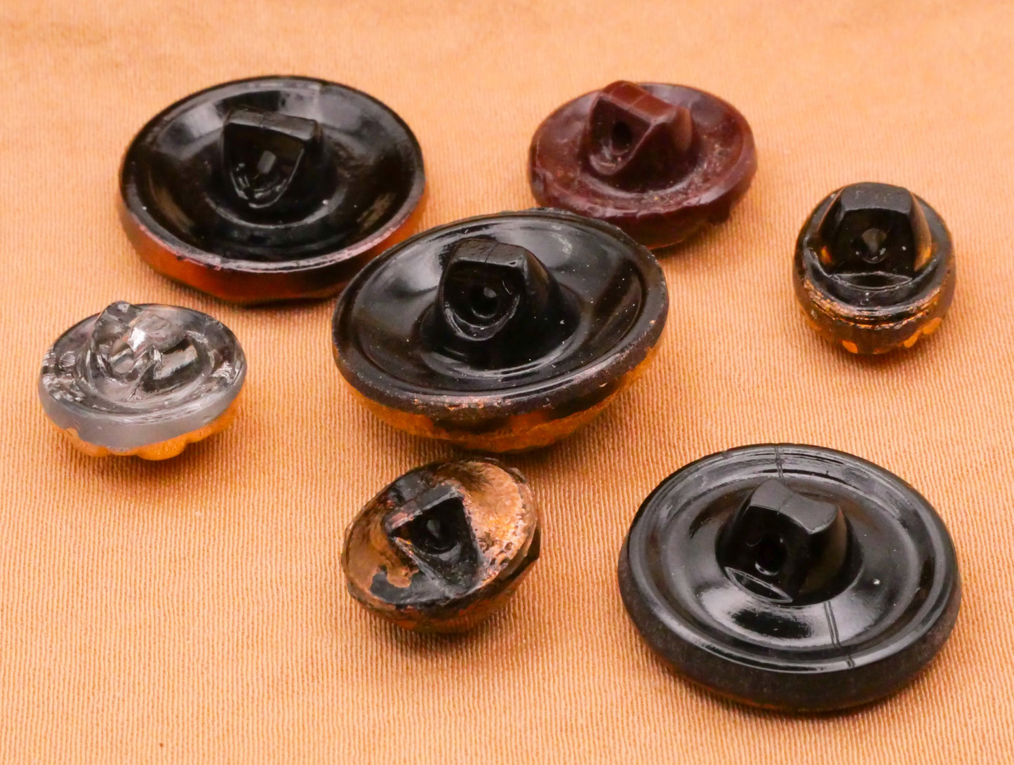 Metallic Gold Copper Bronze Vintage Glass Set of Seven Buttons 9-19mm