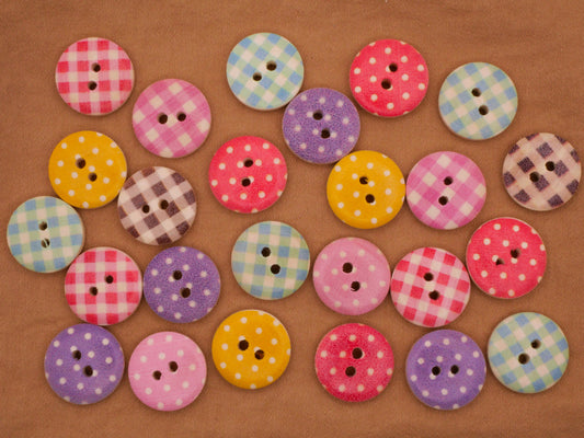 Polka Dot Checkered Colorful Wood Set of Twenty-Five Buttons 15mm