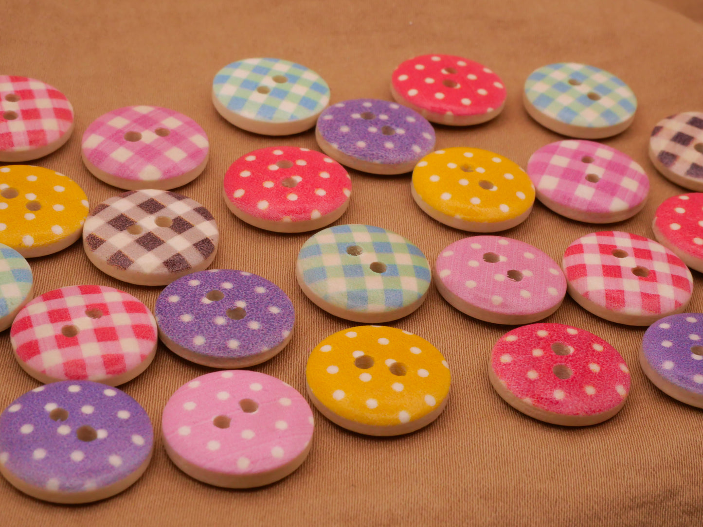 Polka Dot Checkered Colorful Wood Set of Twenty-Five Buttons 15mm