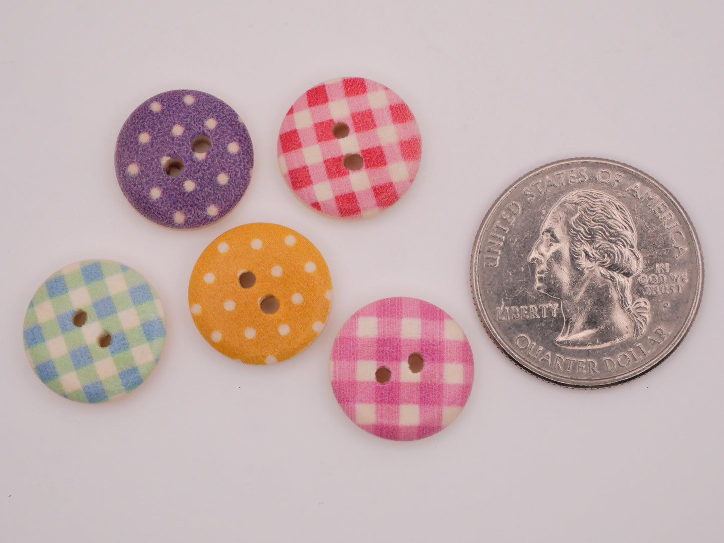 Polka Dot Checkered Colorful Wood Set of Twenty-Five Buttons 15mm