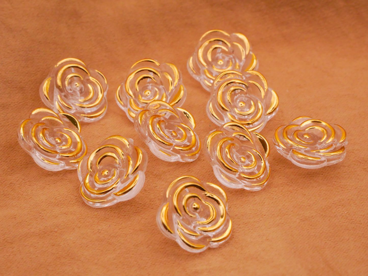 Rose Flower Gold Clear Transparent Plastic Set of Ten Buttons 12mm