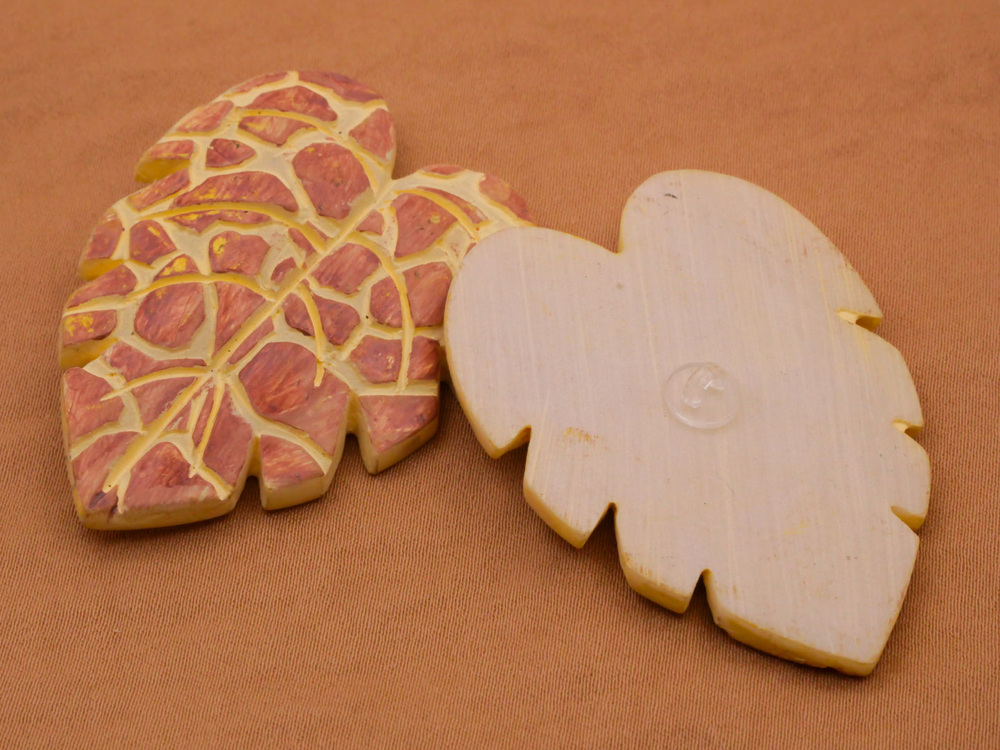 Tropical Leaf Carved Hand-Painted Vintage Wood Large Button 36x48mm