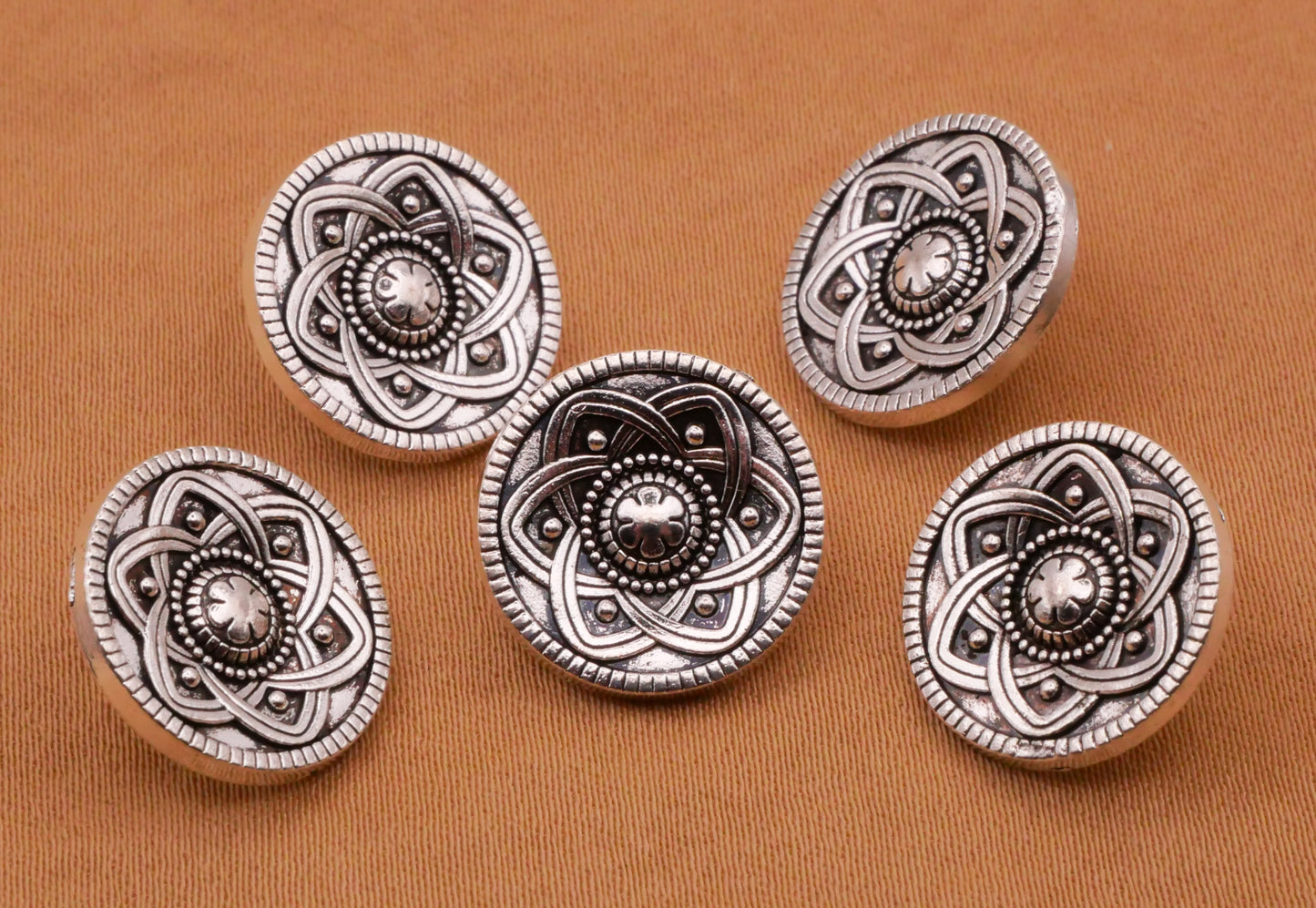 Flower Mandala Antiqued Silver Metal Set of Five Buttons 15mm