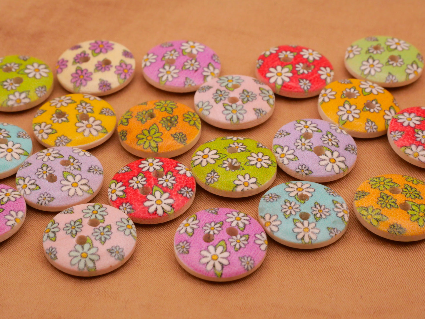 Flowers Daisies Colorful Wood Set of Twenty Buttons 15mm