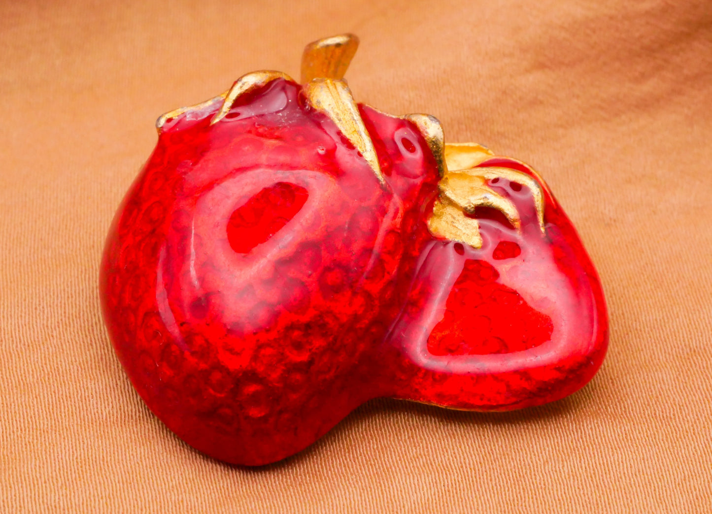 Strawberry Red Enamel Gold Metal Double-Shank Large Vintage Button 35x36mm