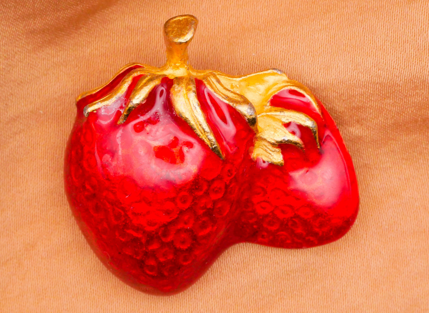 Strawberry Red Enamel Gold Metal Double-Shank Large Vintage Button 35x36mm