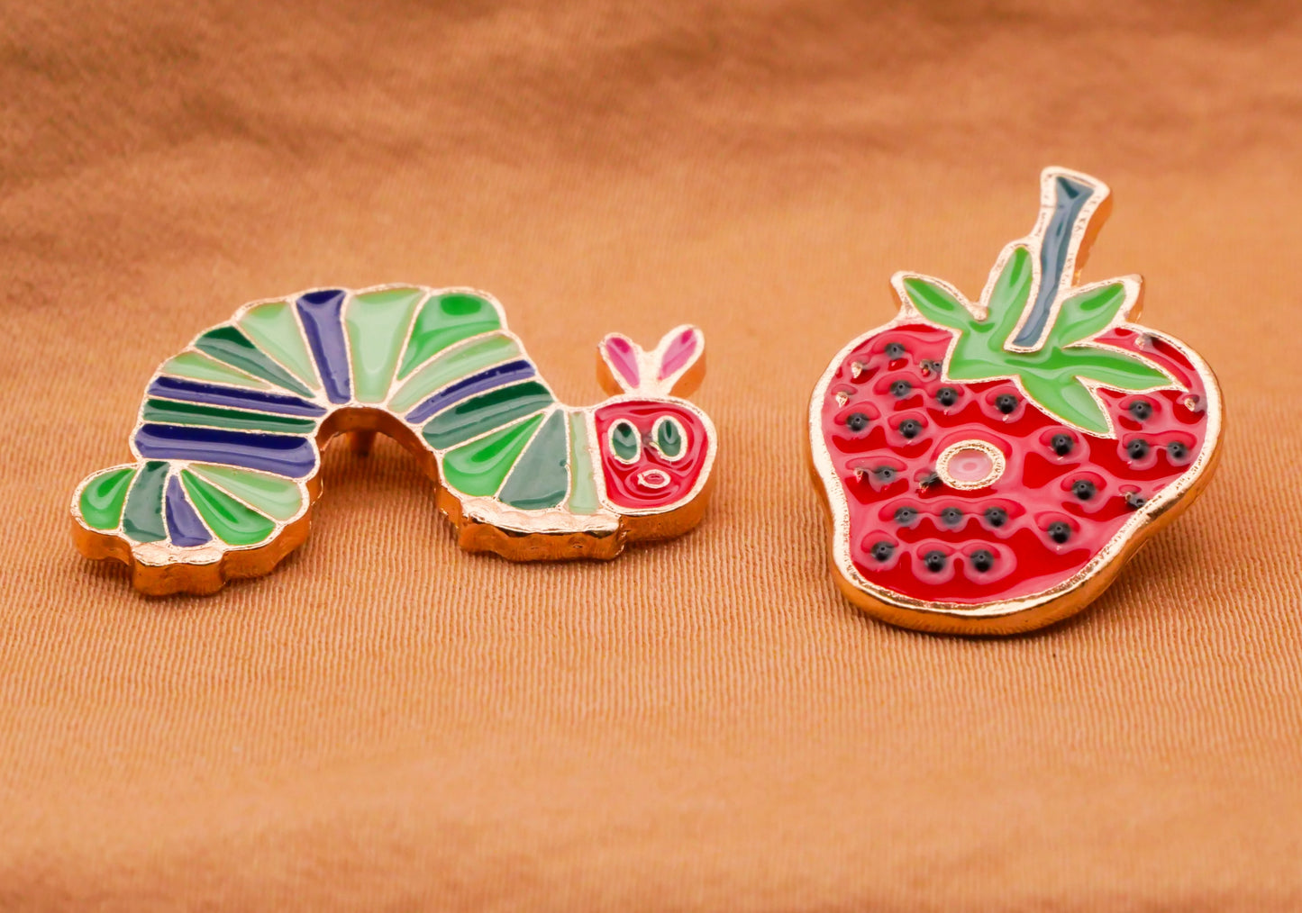 Hungry Hungry Caterpillar Strawberry Enamel Gold Metal Pair of Buttons 16-26mm