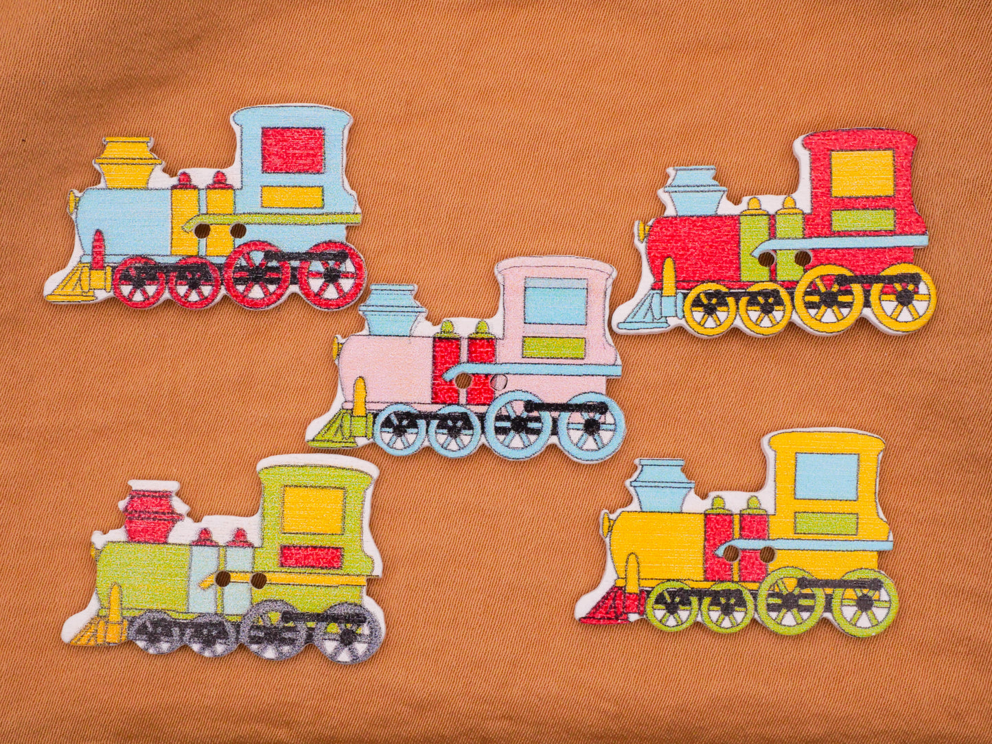 Train Engine Colorful Wood Sew-Thru Set of Ten Buttons 20x31mm