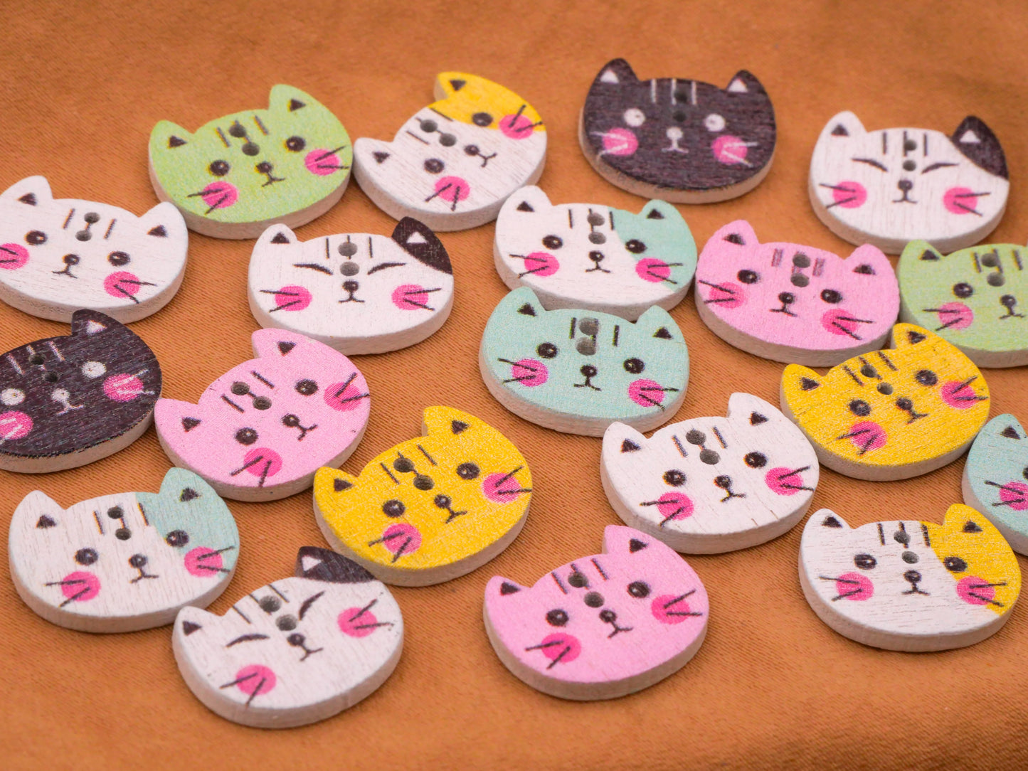 Kitty Cat Face Wood Assorted Set of Twenty Buttons 13x16mm