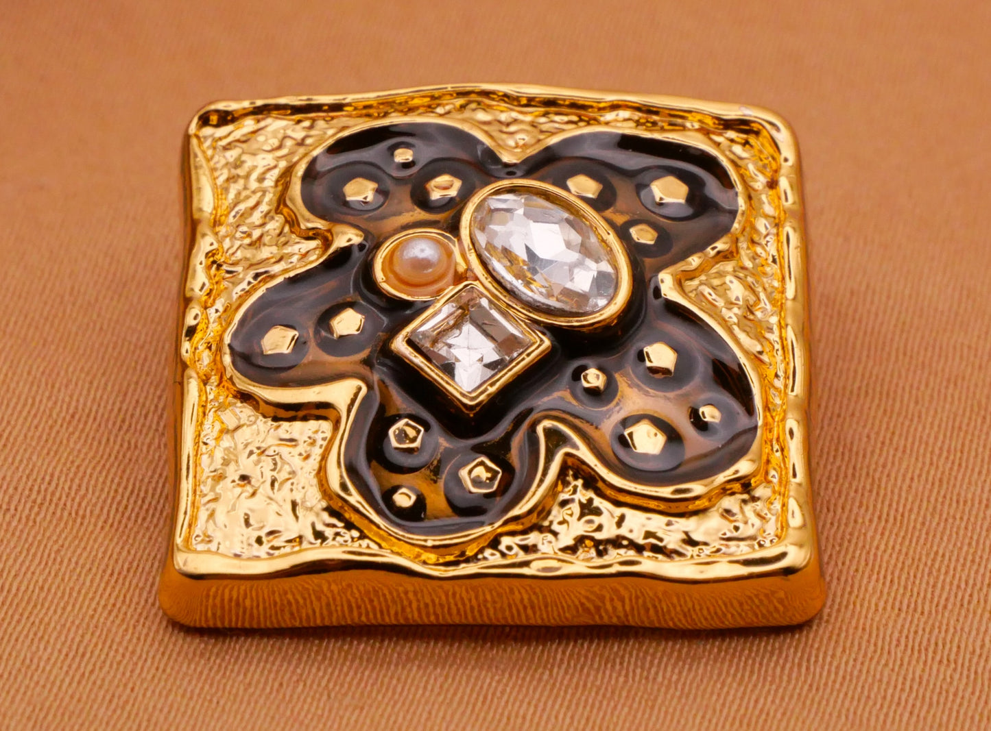 Flower Rhinestone Enamel Square Gold Metal Button 23mm