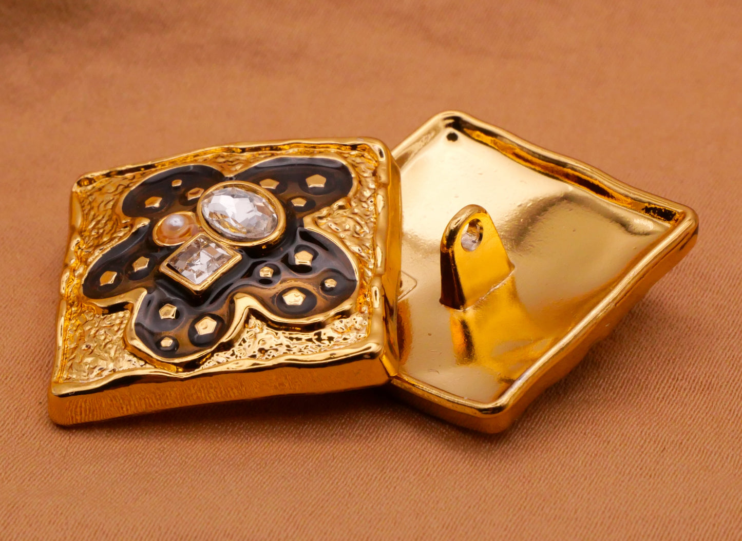 Flower Rhinestone Enamel Square Gold Metal Button 23mm