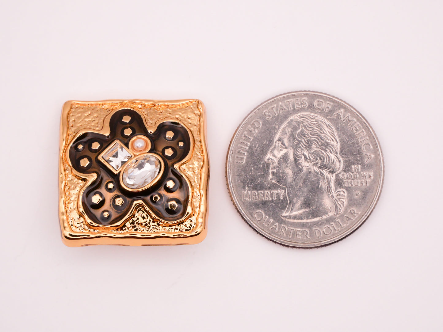 Flower Rhinestone Enamel Square Gold Metal Button 23mm