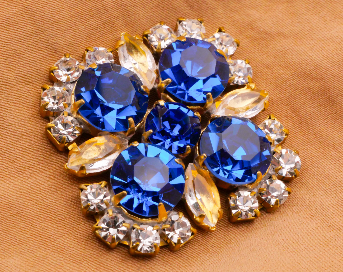 Sapphire Blue Czech Glass Rhinestone Square Large Vintage Metal Button 35mm