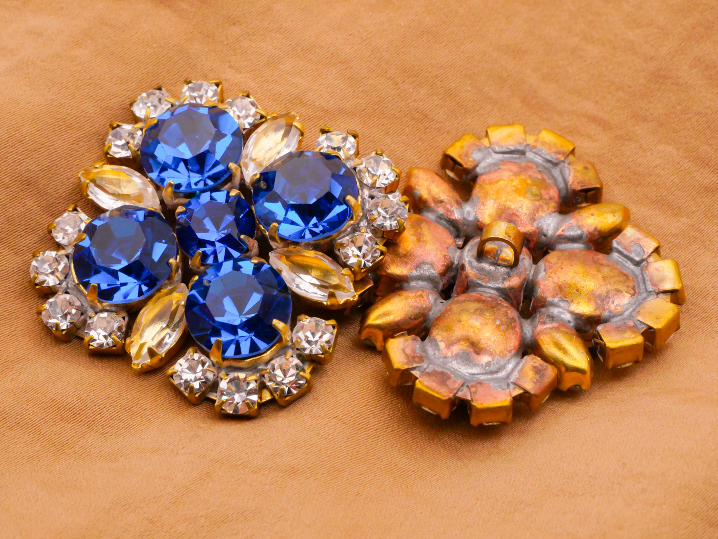 Sapphire Blue Czech Glass Rhinestone Square Large Vintage Metal Button 35mm