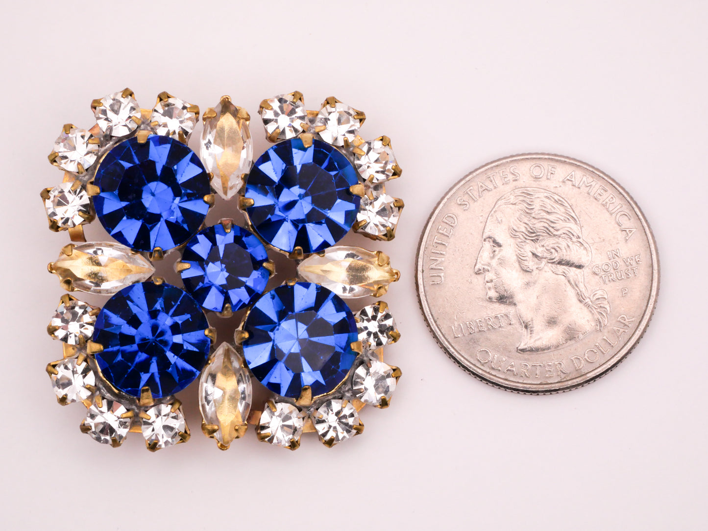 Sapphire Blue Czech Glass Rhinestone Square Large Vintage Metal Button 35mm