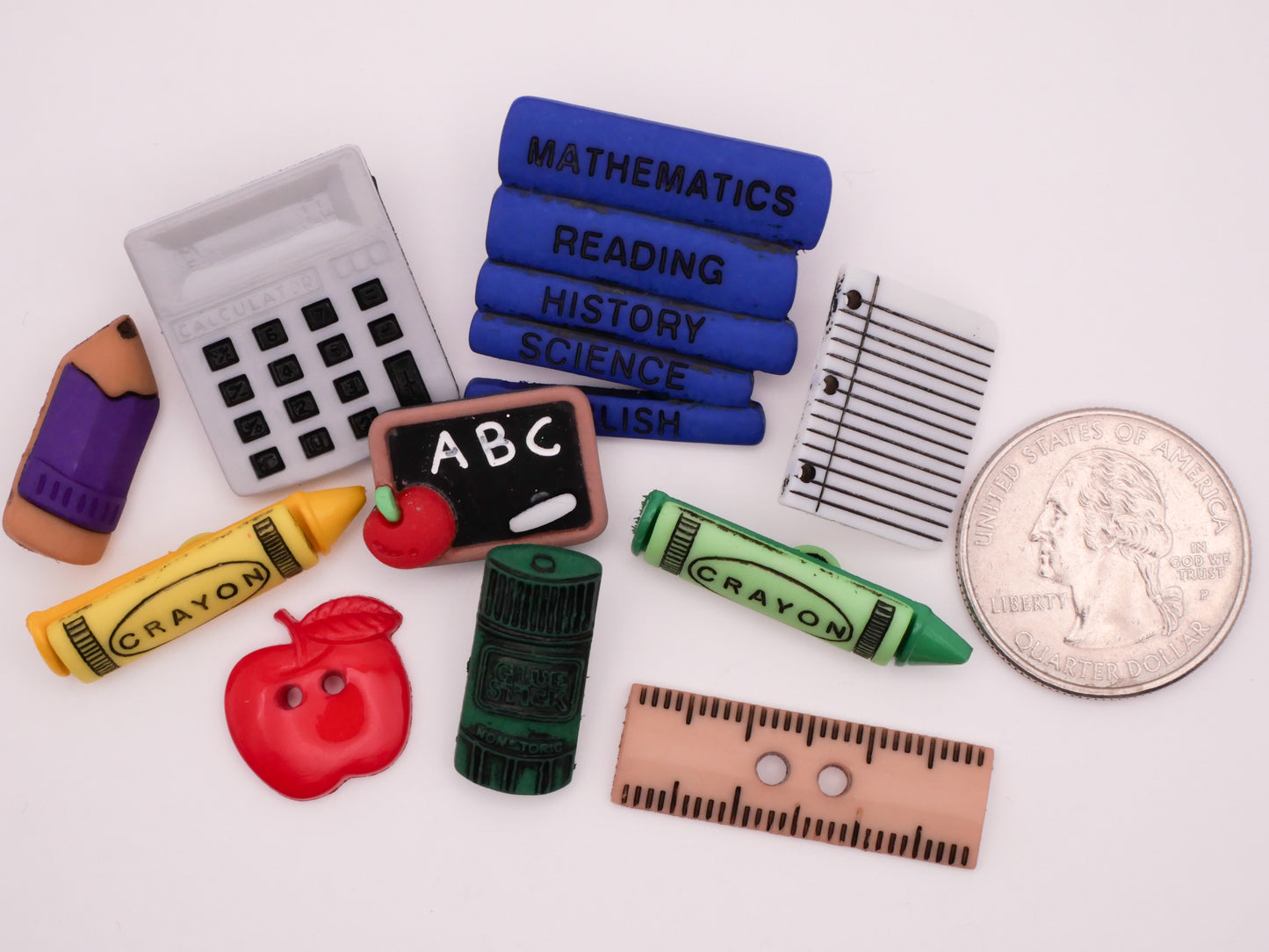 Back to School Books Calculator Crayons Plastic Set of Ten Buttons 7-30mm