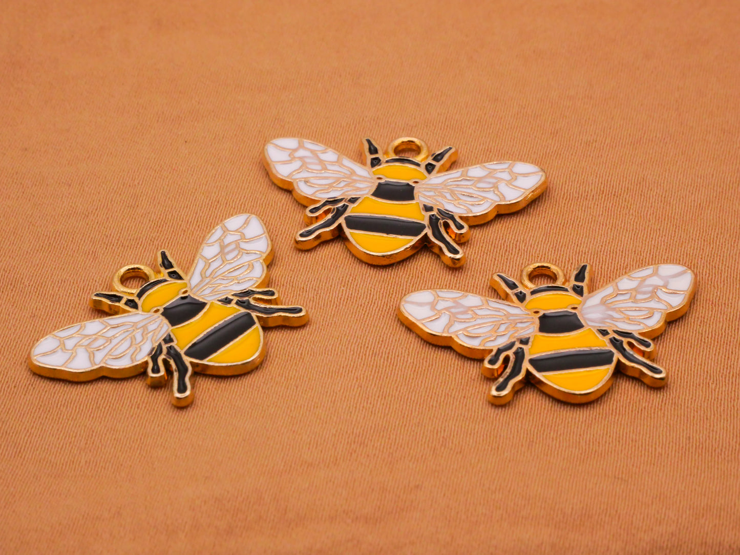 Bee Enamel Painted Gold Metal Set of Three Charms Embellishments 17x26mm