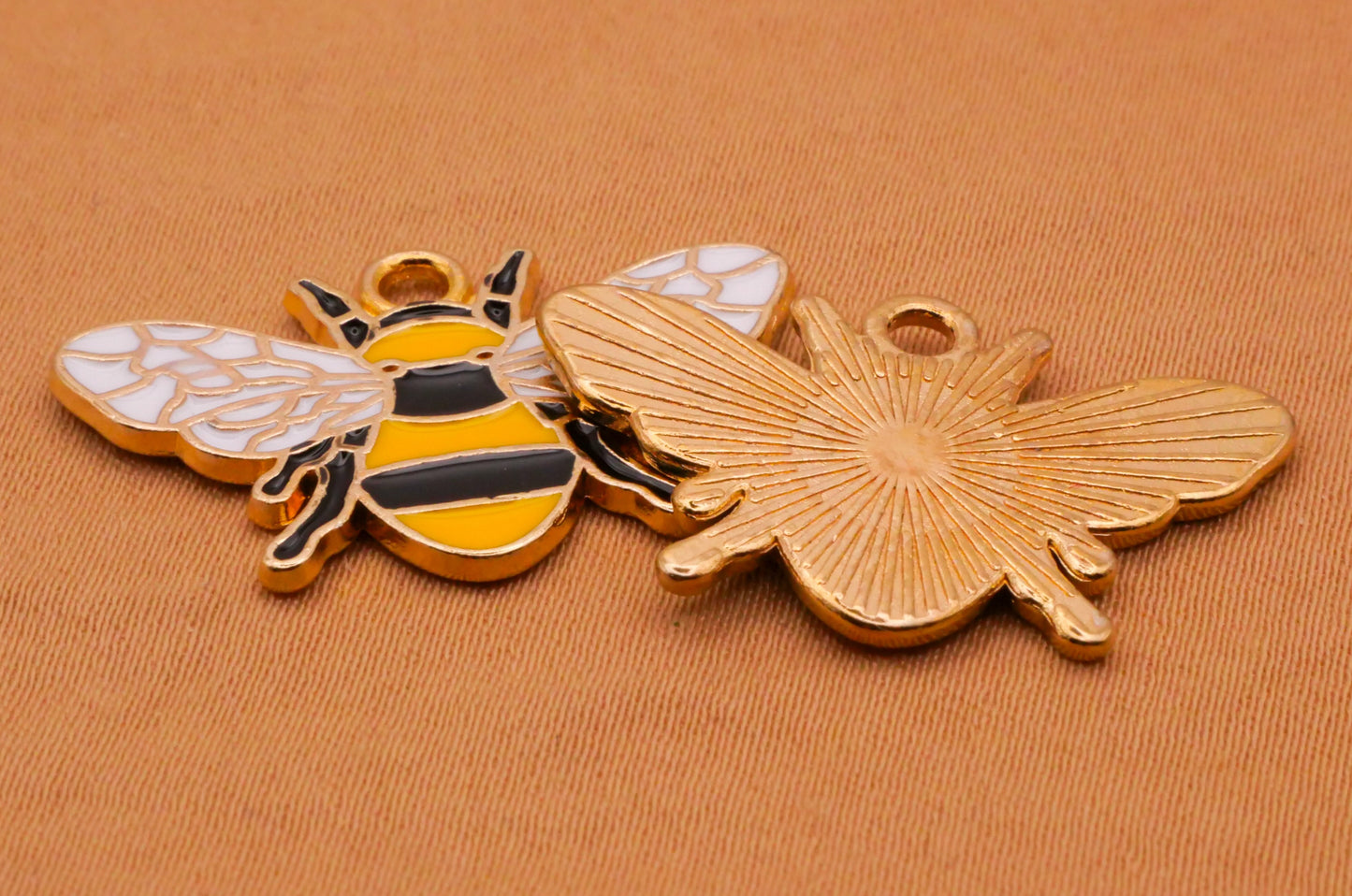 Bee Enamel Painted Gold Metal Set of Three Charms Embellishments 17x26mm