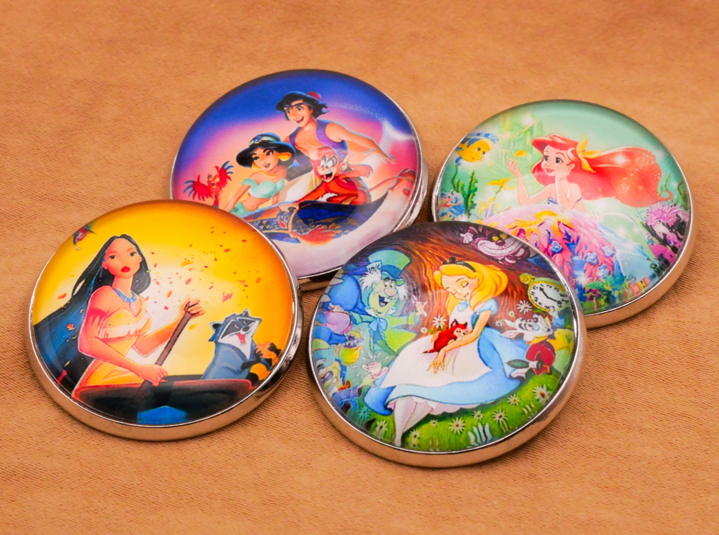 Disney Aladdin Little Mermaid Pocahontas Alice in Wonderland Glass Dome Silver Metal Button Various 27mm