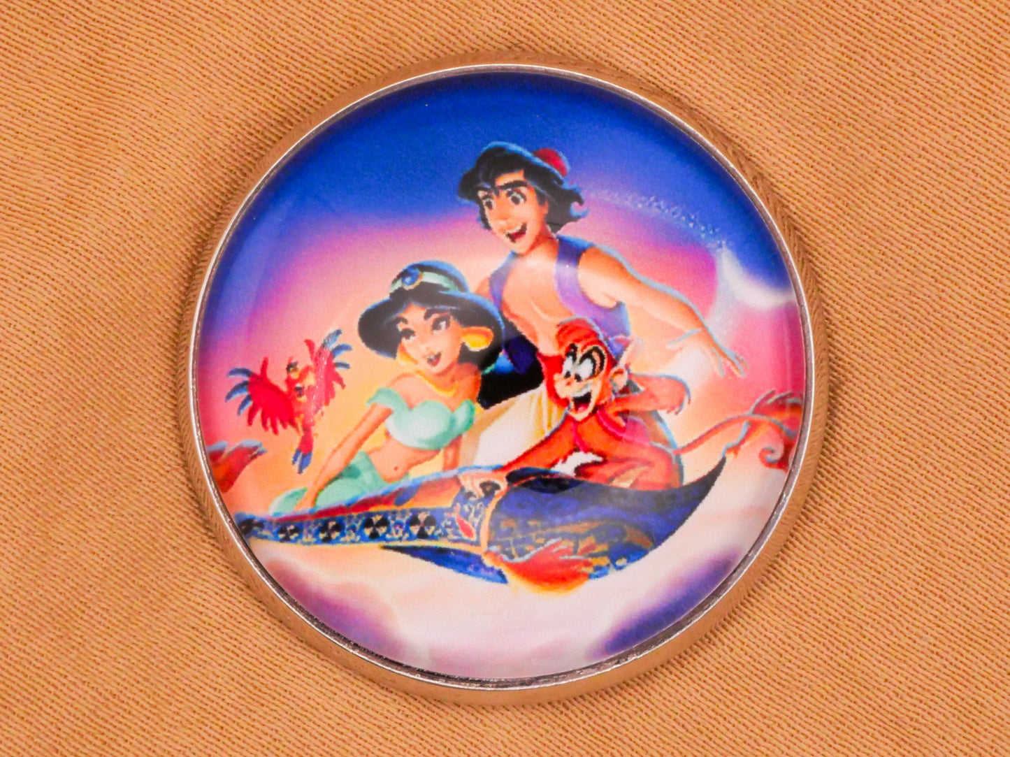 Disney Aladdin Little Mermaid Pocahontas Alice in Wonderland Glass Dome Silver Metal Button Various 27mm