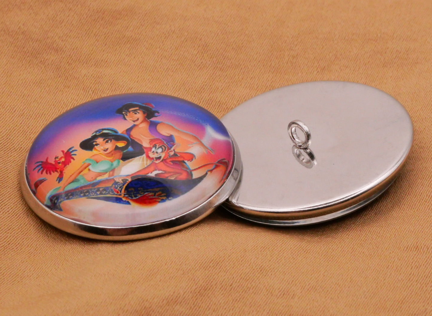 Disney Aladdin Little Mermaid Pocahontas Alice in Wonderland Glass Dome Silver Metal Button Various 27mm