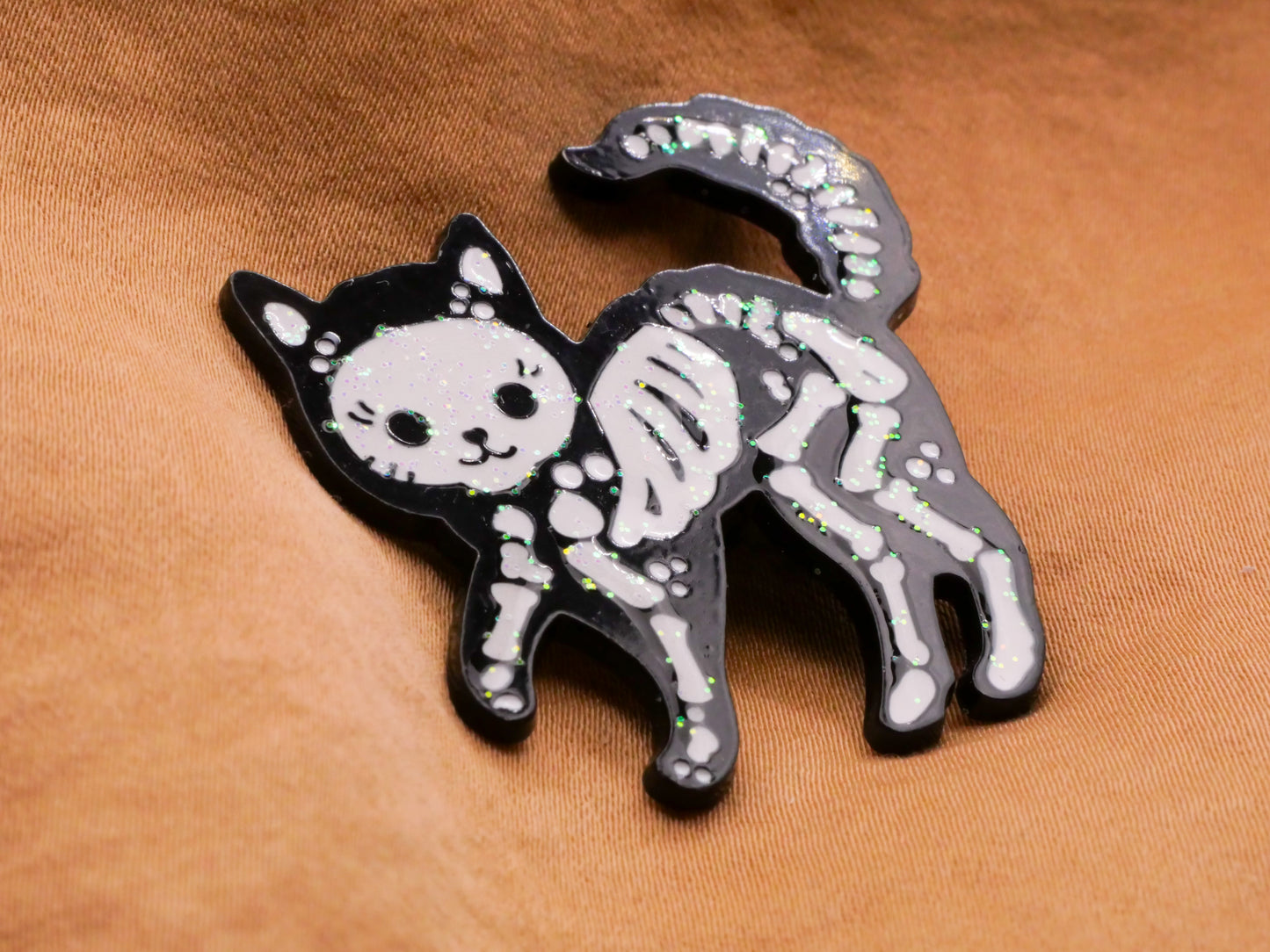 Skeleton Kitty Cat Glitter Black Metal Large Button 38x39mm
