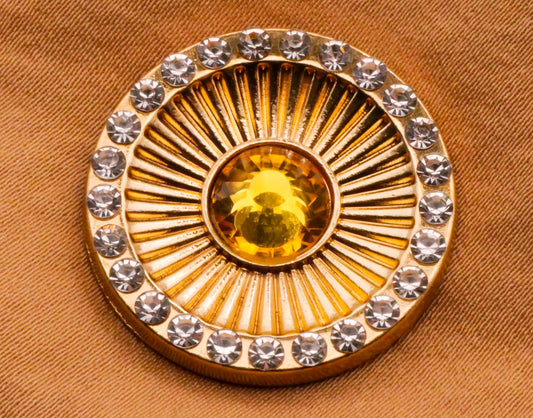 Sun Sunburst Celestial Citrine Glass Rhinestone Gold Metal Button 25mm