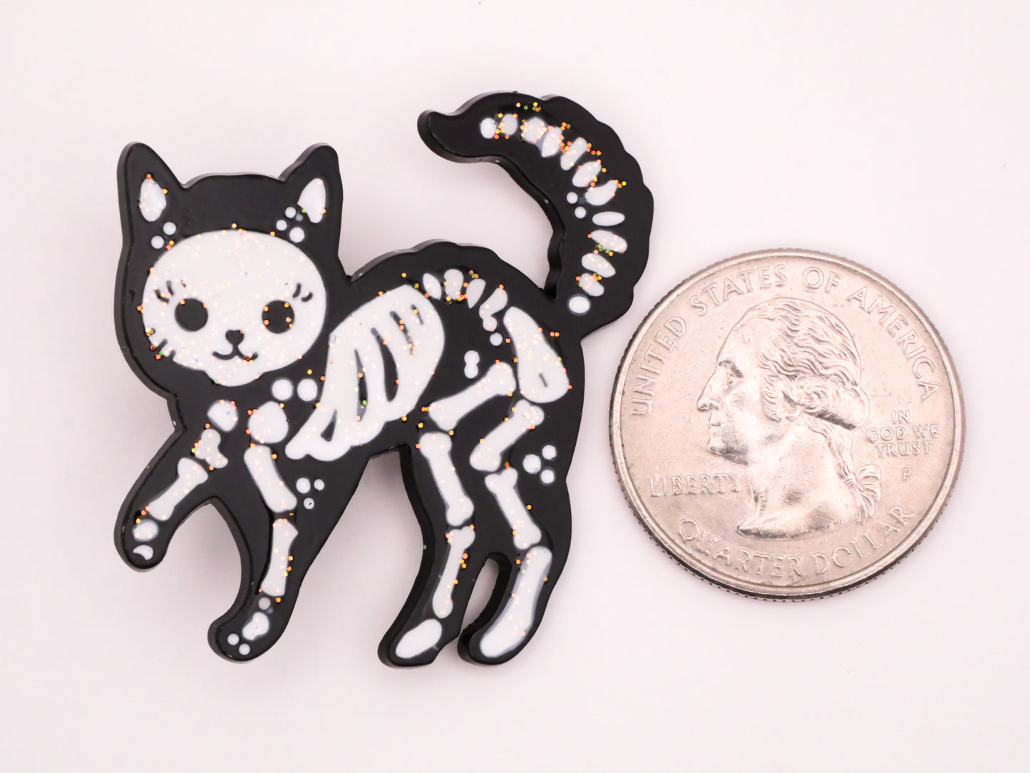 Skeleton Kitty Cat Glitter Black Metal Large Button 38x39mm
