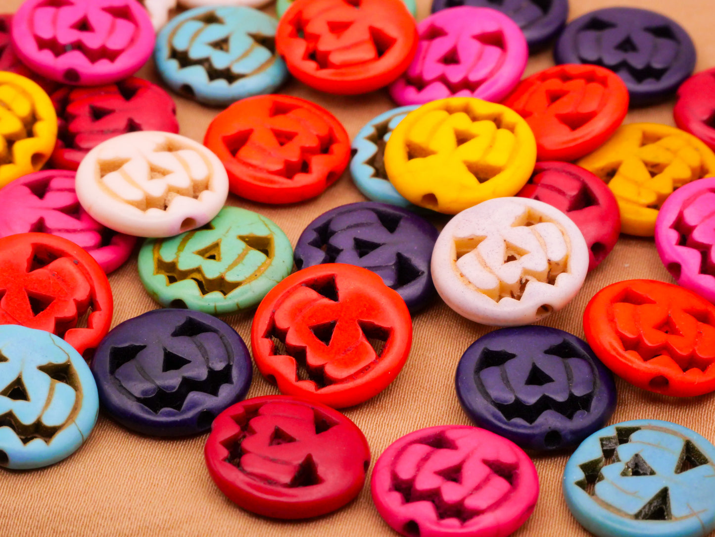 Jack O' Lantern Pumpkin Carved Stone Set of Ten Beads Embellishments 15mm