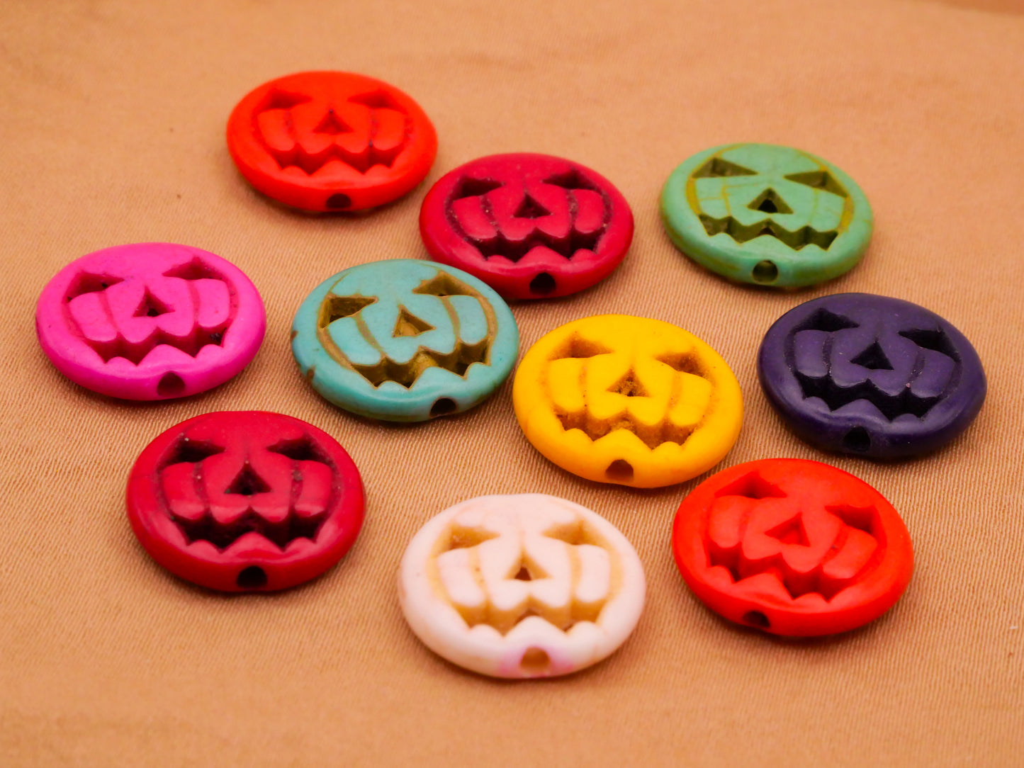 Jack O' Lantern Pumpkin Carved Stone Set of Ten Beads Embellishments 15mm