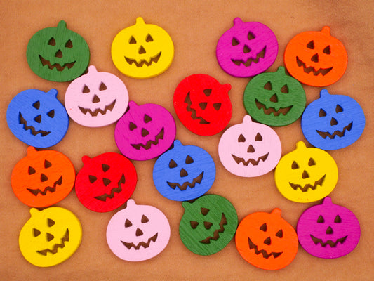Jack O' Lantern Pumpkin Colorful Wood Set of Twenty Buttons 17x18mm