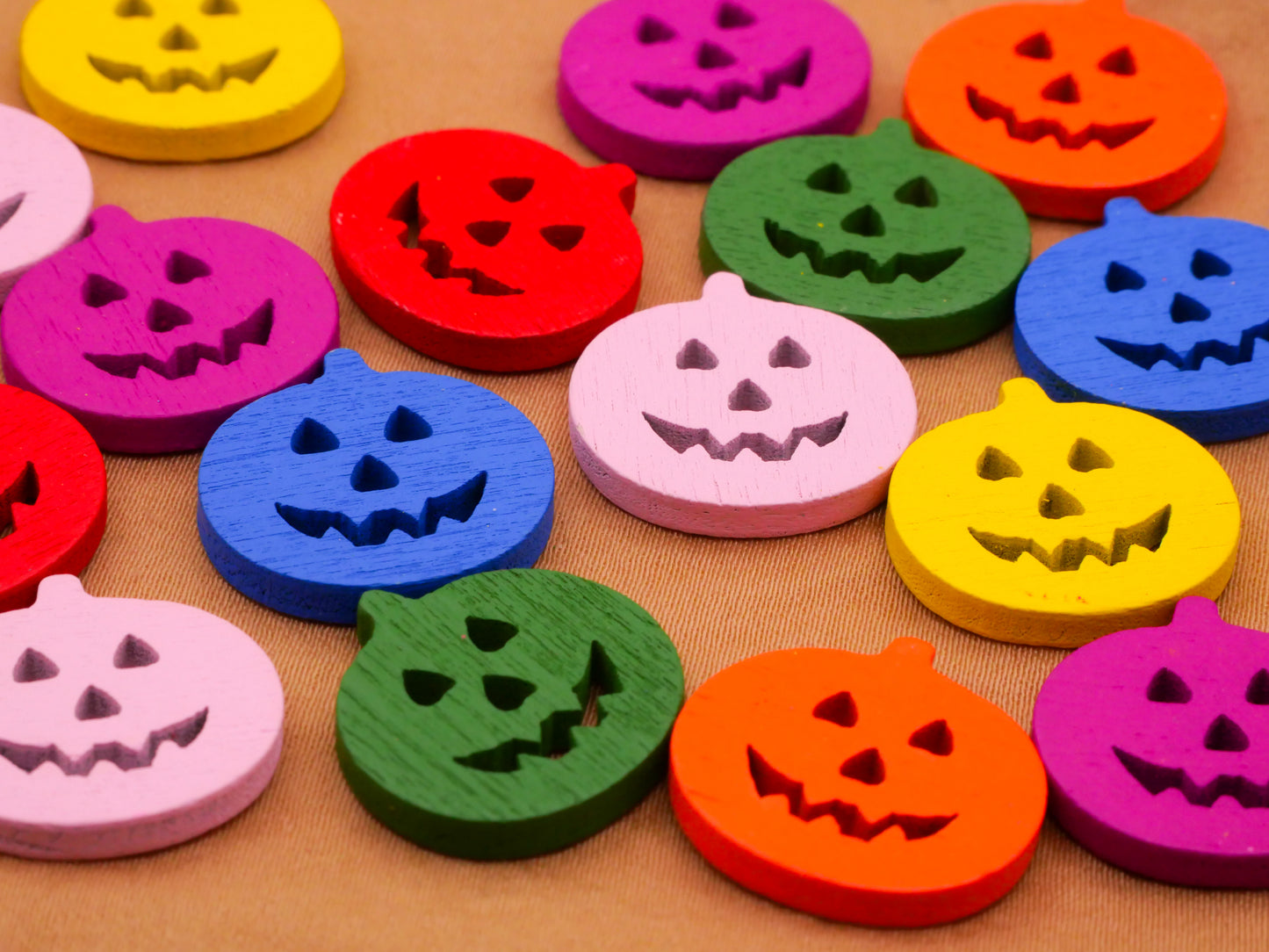 Jack O' Lantern Pumpkin Colorful Wood Set of Twenty Buttons 17x18mm