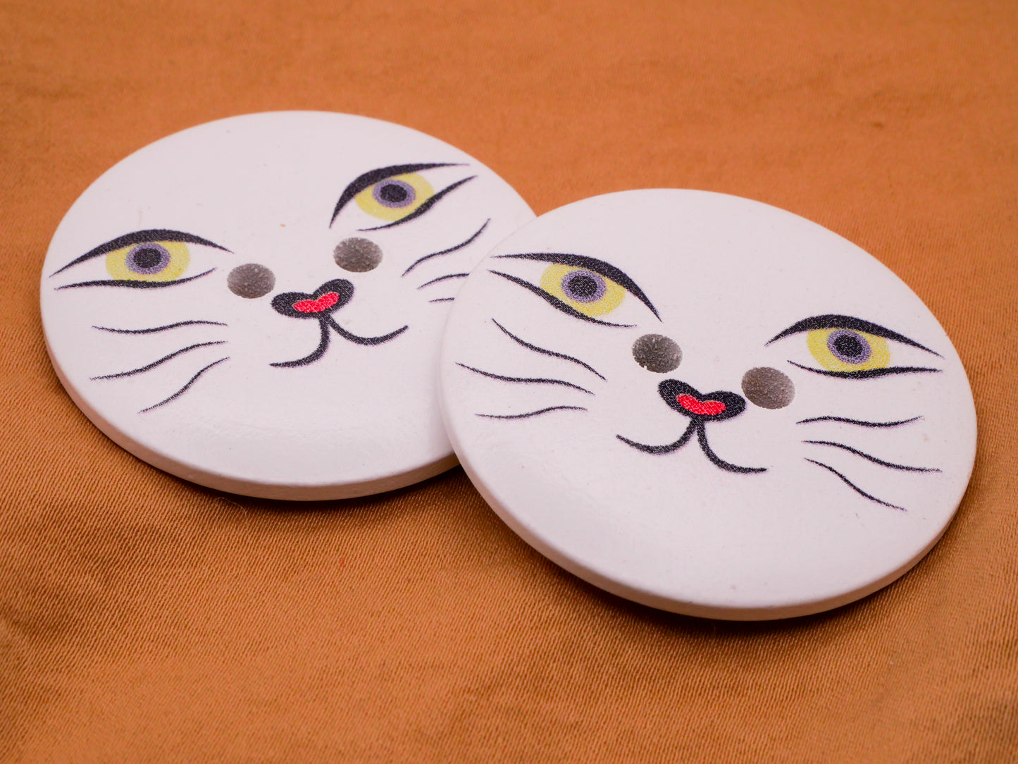 Cat Kitty Face Green Eyes Large Wood Pair of Buttons 40mm