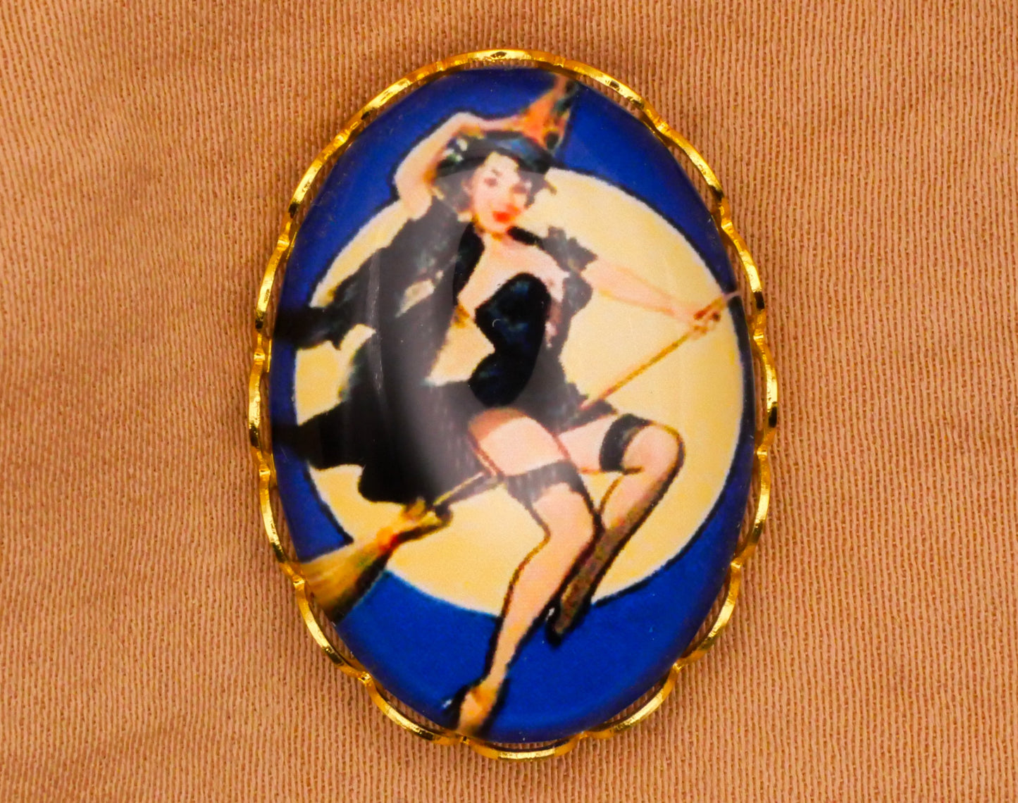 Witch Pin-Up Girl Broomstick Moon Oval Gold Metal Button 19x26mm