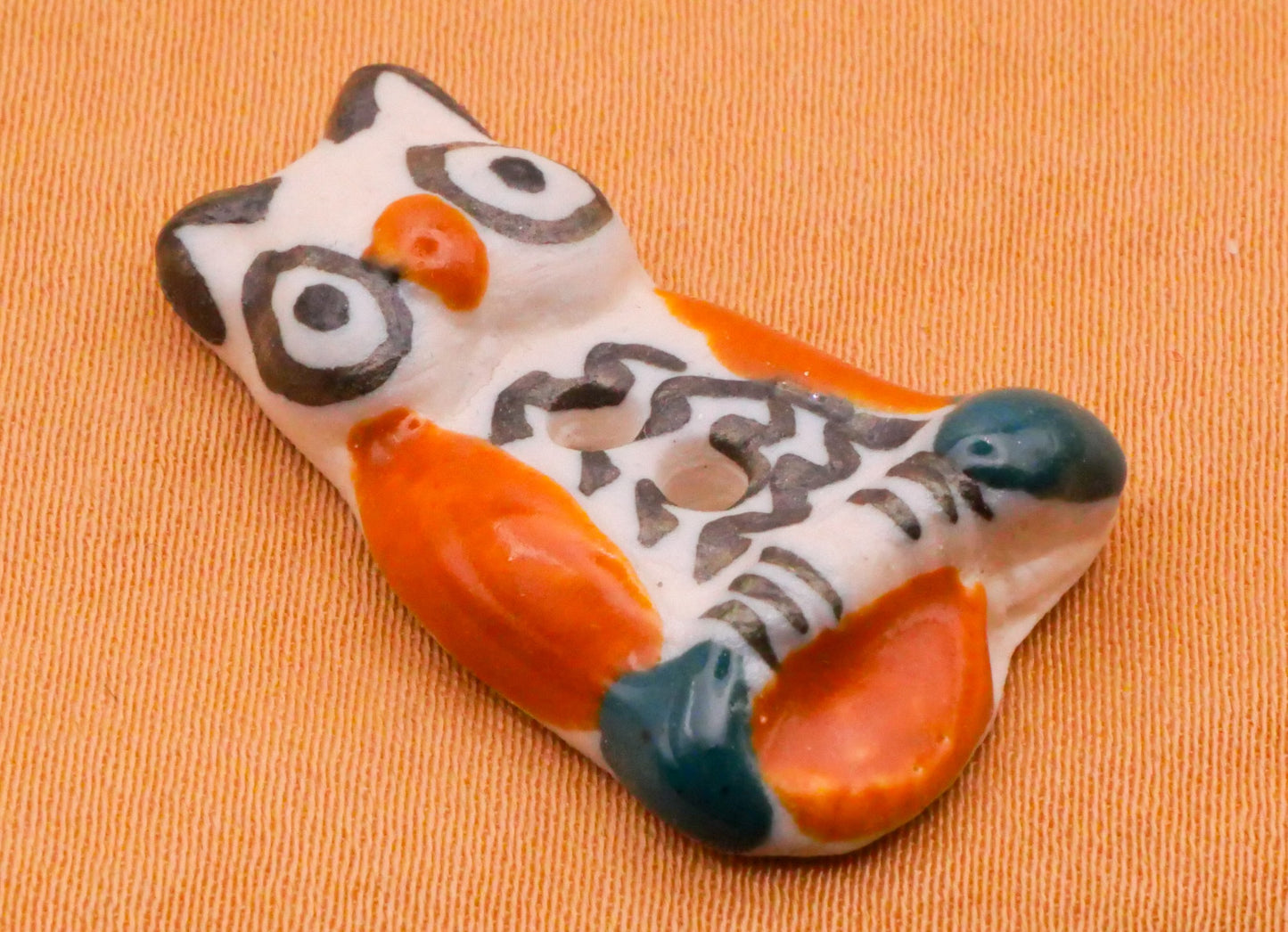 Owl Hand-Painted Orange Teal Ceramic Button 17x28mm