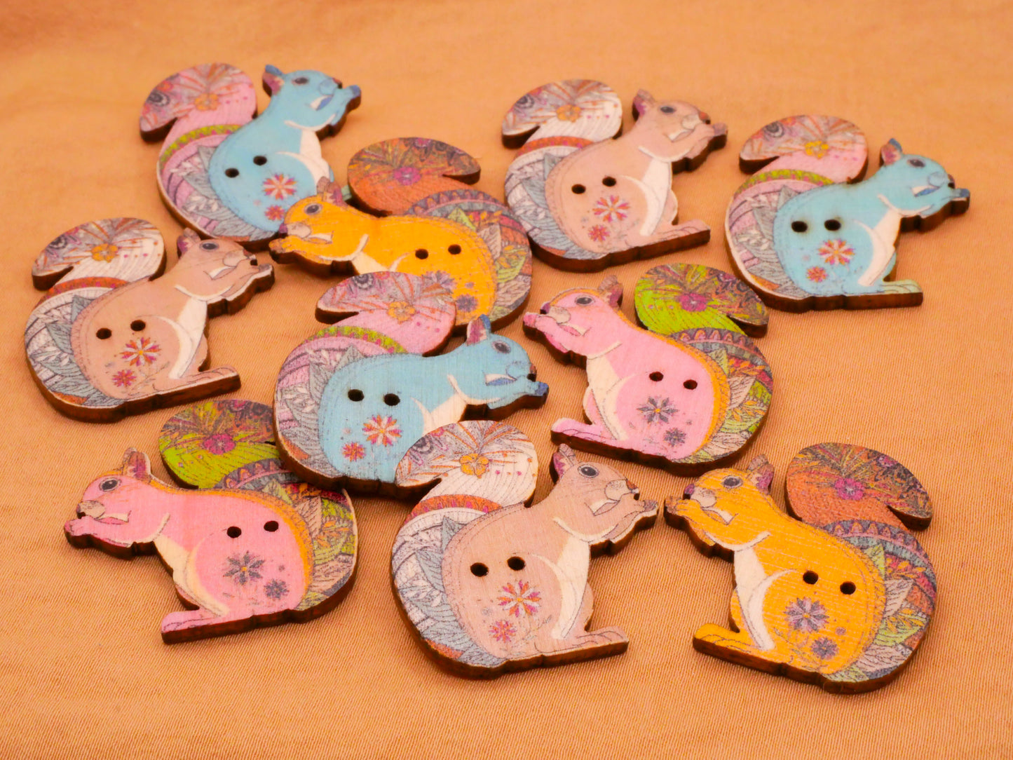 Squirrel Colorful Pattern Wood Set of Ten Buttons 28x30mm