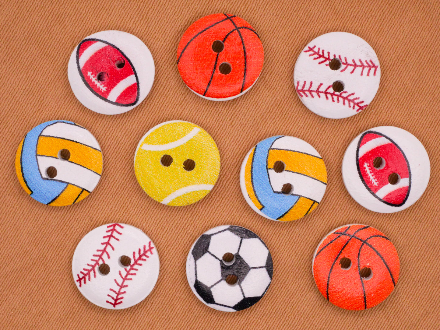 Sports Volleyball Football Soccer Baseball Tennis Basketball Wood Set of Ten Buttons 15mm