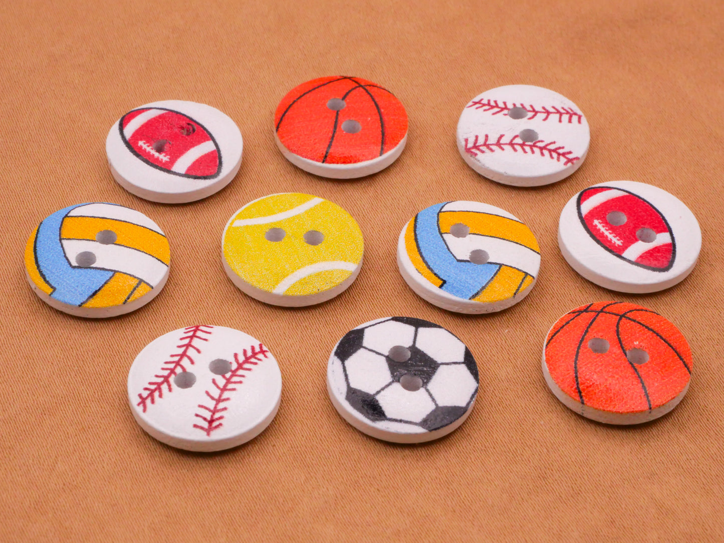 Sports Volleyball Football Soccer Baseball Tennis Basketball Wood Set of Ten Buttons 15mm