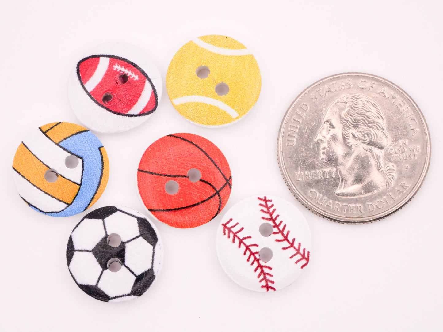Sports Volleyball Football Soccer Baseball Tennis Basketball Wood Set of Ten Buttons 15mm