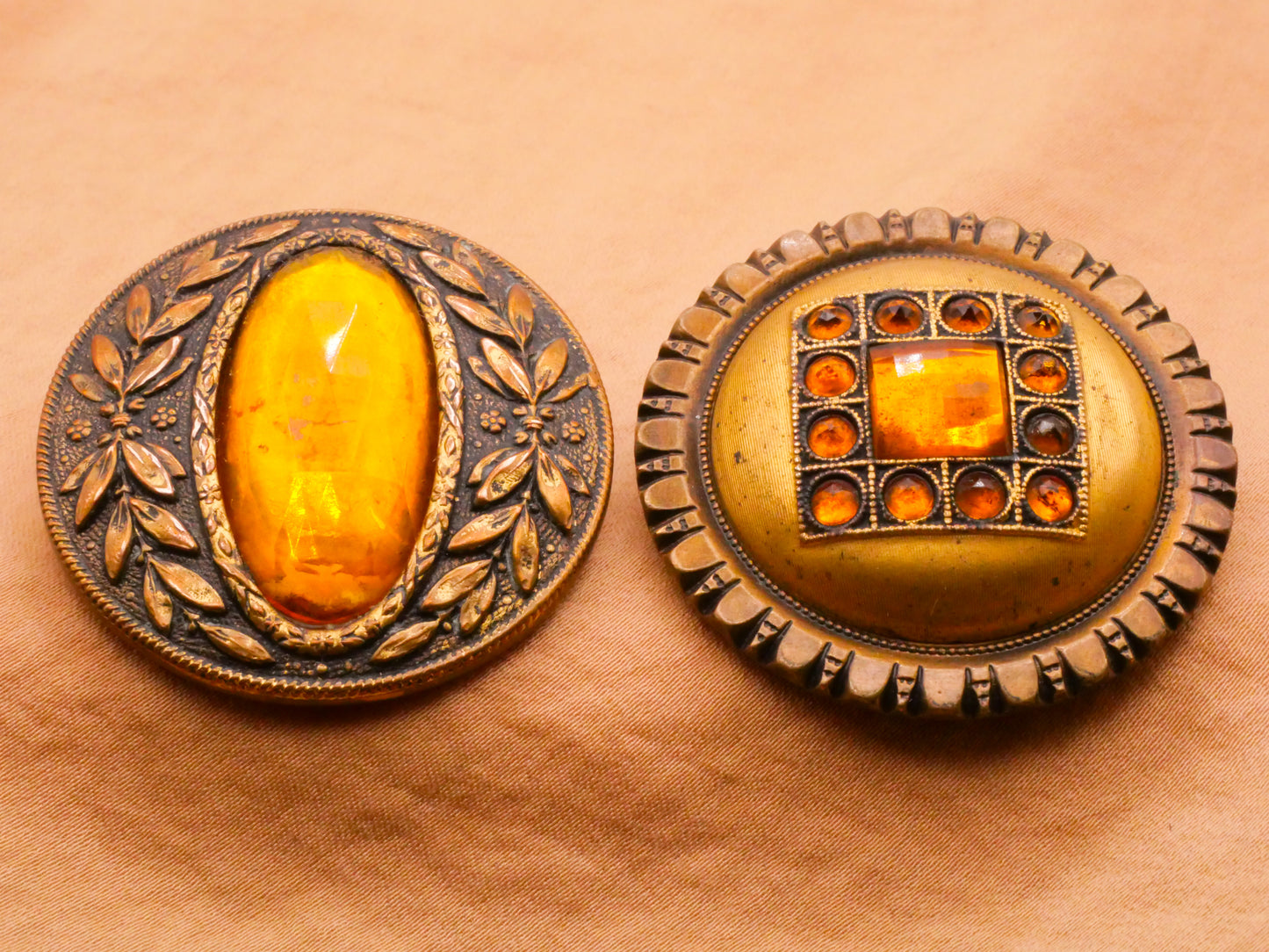 Gay 90s Victorian Jewel Wreath Square Amber Glass Metal Large Button Various 41-42mm