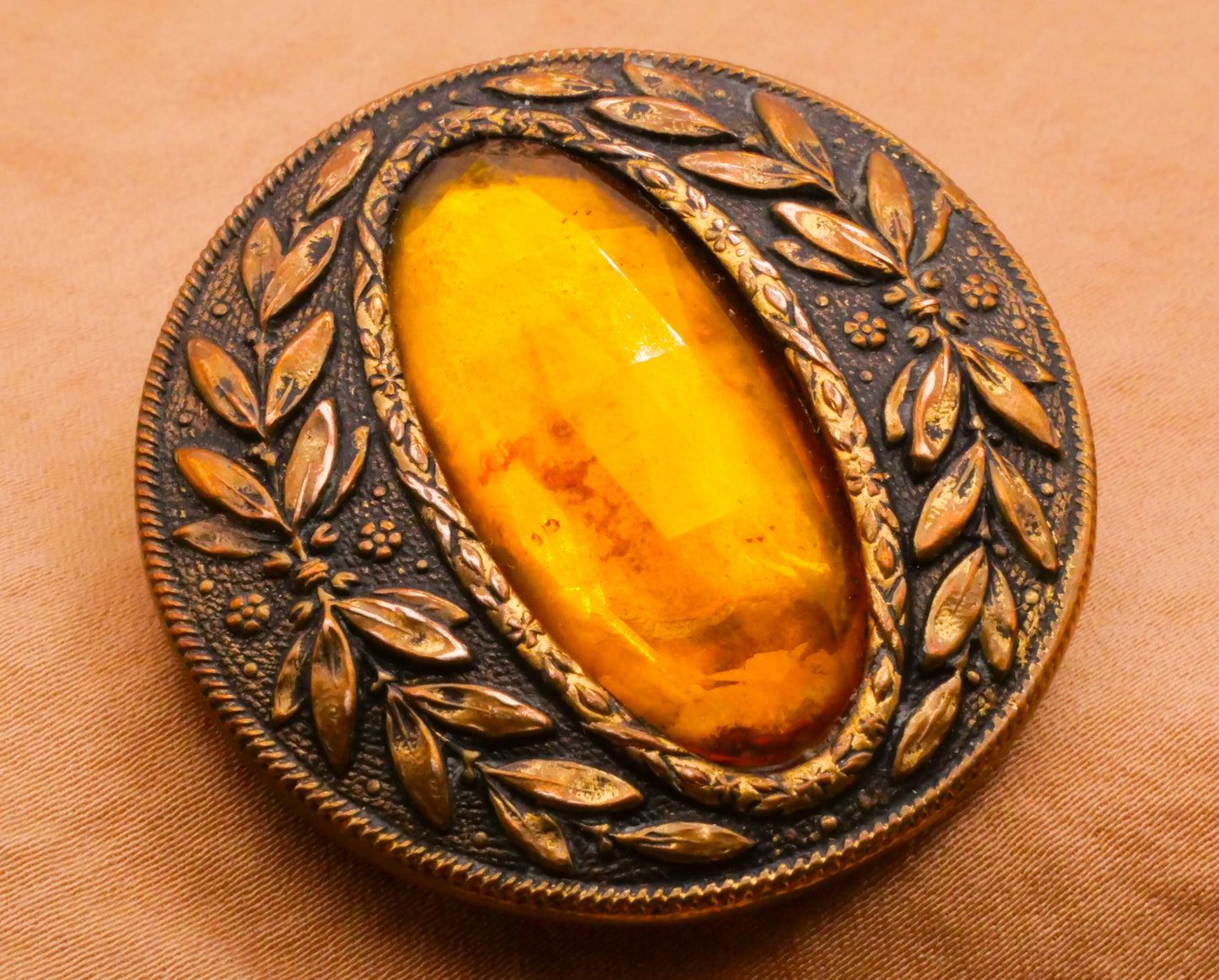 Gay 90s Victorian Jewel Wreath Square Amber Glass Metal Large Button Various 41-42mm