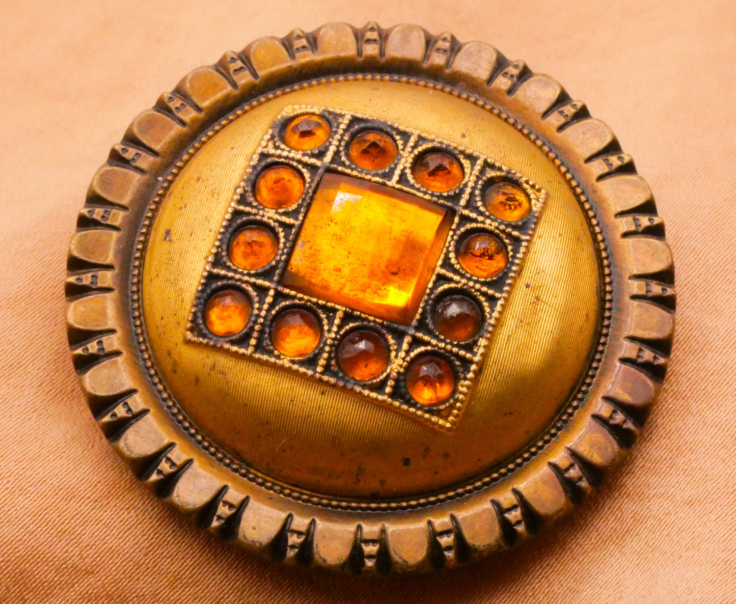 Gay 90s Victorian Jewel Wreath Square Amber Glass Metal Large Button Various 41-42mm
