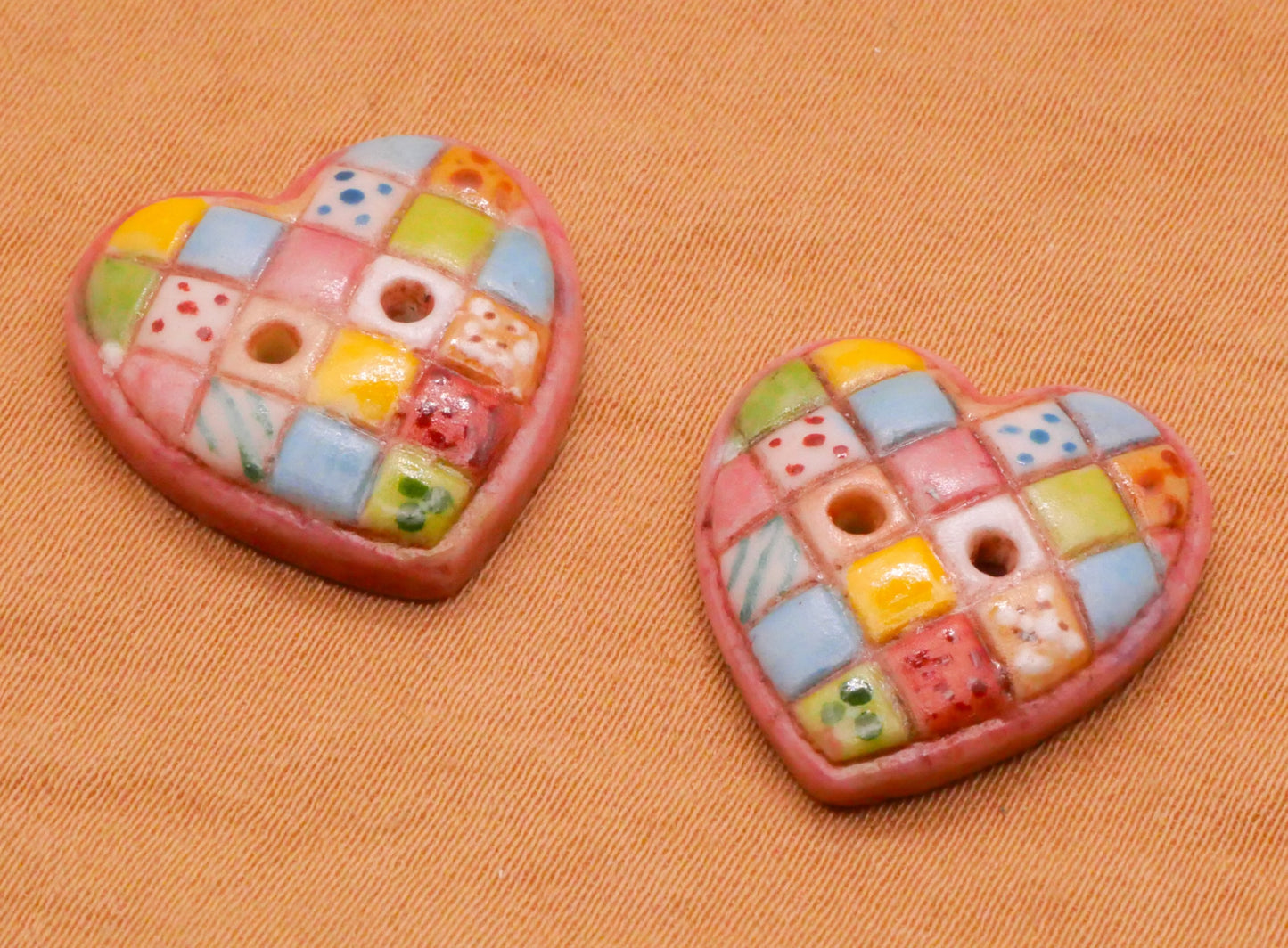 Heart Patchwork Hand-Painted Porcelain Ceramic Button 18x19mm