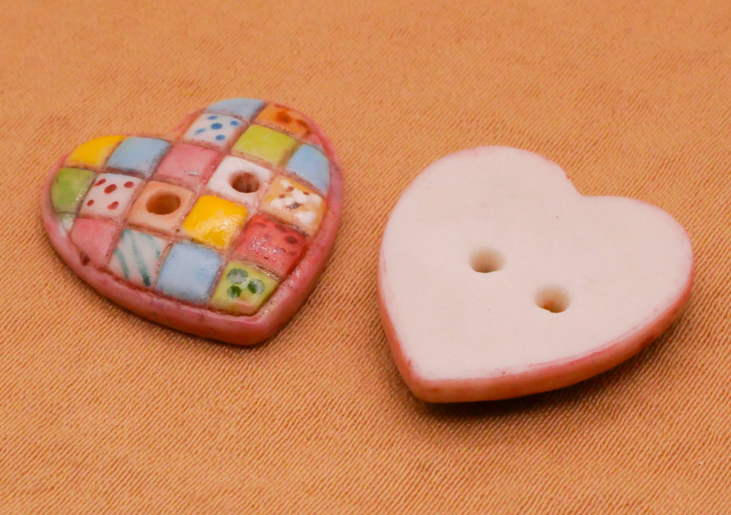 Heart Patchwork Hand-Painted Porcelain Ceramic Button 18x19mm