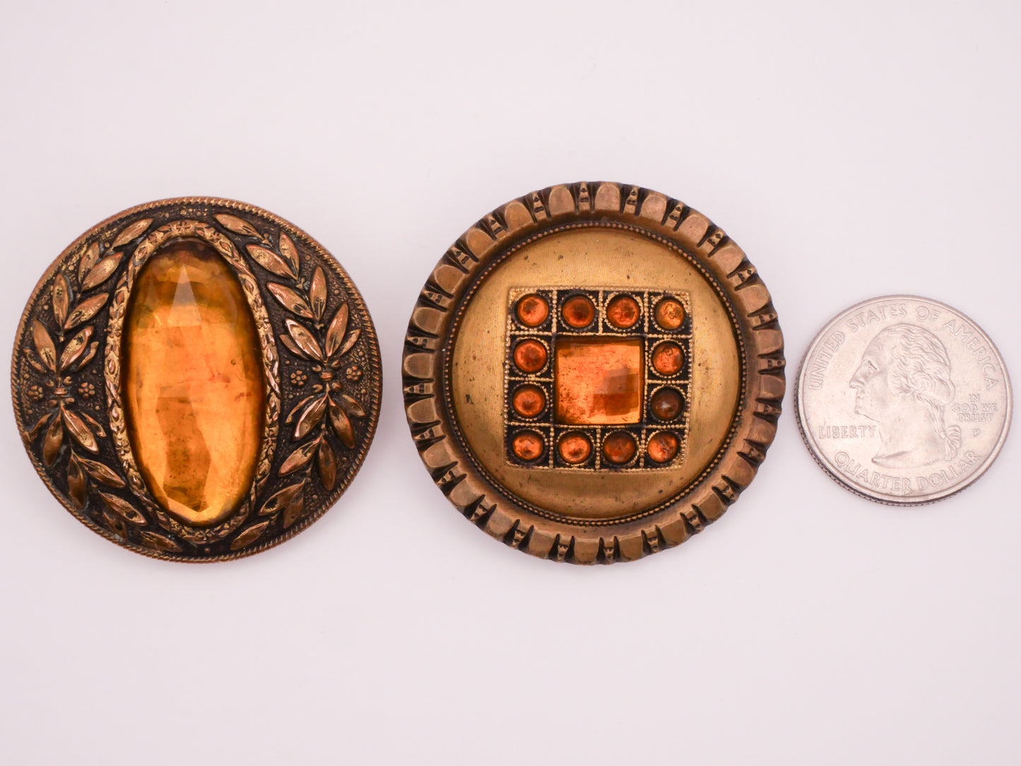 Gay 90s Victorian Jewel Wreath Square Amber Glass Metal Large Button Various 41-42mm